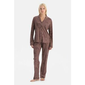 Pijama din bumbac si modal cu model si buzunar pe piept - Violet prafuit imagine