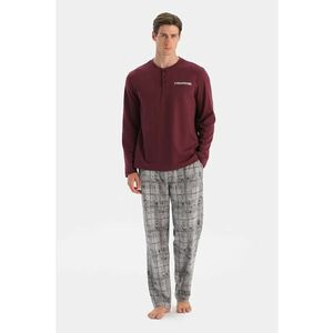 Pijama lunga cu model in carouri - Visiniu/Gri imagine