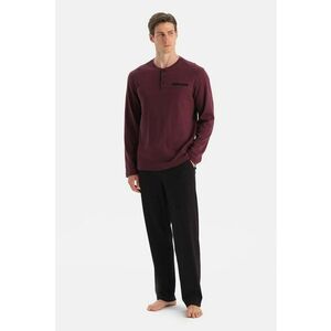 Pijama lunga din bumbac cu fenta scurta cu nasturi - Visiniu/Negru imagine