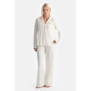Pijama din bumbac si modal cu model uni - Alb fildes imagine