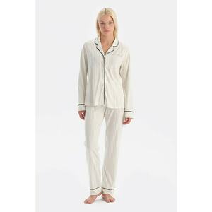 Pijama din bumbac si modal cu model in dungi - Alb fildes/Negru imagine