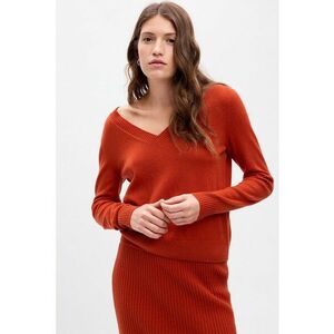 Pulover slim-fit cu decolteu in V - Caramiziu imagine