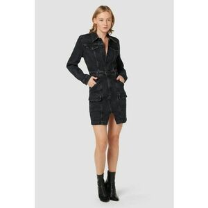 Rochie din denim cu maneci lungi si buzunare frontale - Negru imagine