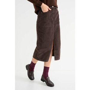 Fusta midi dreapta cu aspect de catifea si slit frontal - Maro inchis imagine