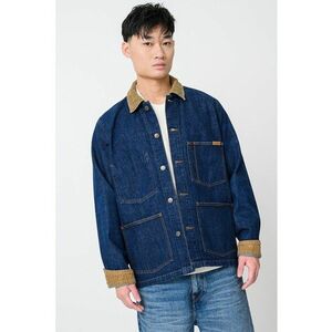 Jacheta din denim cu guler din reiat - Albastru inchis/Maro deschis imagine