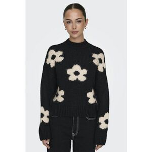 Pulover cu maneci cazute si model floral - Alb fildes/Negru imagine