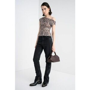 Tricou cu animal print si decolteu pe un umar - Maro inchis/Negru imagine