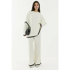 Set tricotat pulover si pantaloni cu croi larg - alb - tricot imagine