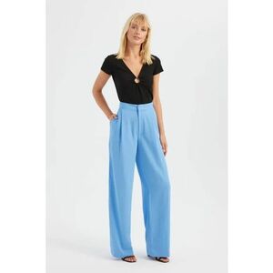 Pantaloni dama - drepti - plisati - talie inalta - albastri - textil - Albastru - imagine
