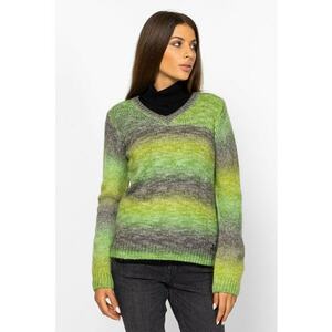 Pulover tricotat cu model si decolteu in V - Verde/Gri inchis imagine