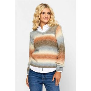 Pulover tricotat cu model si decolteu in V - Maro/Albastru prafuit/Portocaliu stins imagine