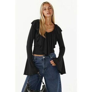 Bluza dama - elastica - tricot - decolteu in V - cu volane - negru imagine