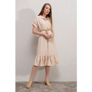 Rochie Midi Texturata cu Curea si Guler de Camasa - Textil - Crema naturala - imagine