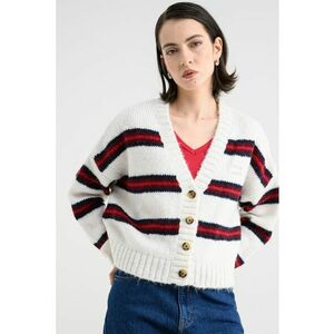 Cardigan lejer cu model in dungi si decolteu in V - Rosu/Alb/Negru imagine