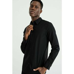 Camasa din amestec de bumbac cu model uni si guler ascutit - Negru imagine