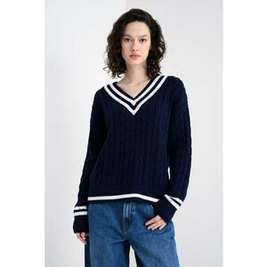 Pulover cu model torsade si decolteu in V - Bleumarin imagine