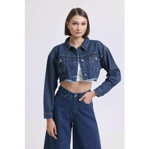 Jacheta crop din denim - cu margini nefinisate imagine
