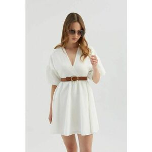 Rochie mini - decolteu in V - maneci bufante - Alb - textil imagine