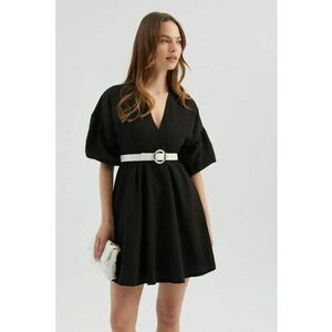 Rochie mini decolteu in V - maneci bufante - neagra - textila imagine
