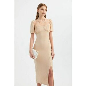 Rochie midi decolteu inima - maneci cu crapatura - bej - textil imagine