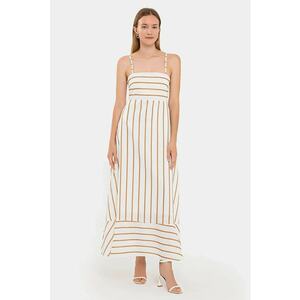 Rochie maxi - Cu dungi - Bretele tip spaghetti - Alb/Bej - Poliester imagine