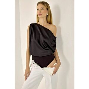 Body din satin guler asimetric - negru - poliester imagine