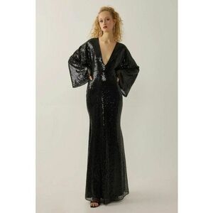 Rochie maxi - decolteu in V - maneci de inger - neagra - textil imagine