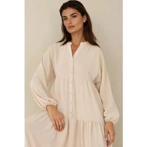Rochie maxi - texturata - decolteu in V - bej - textil imagine