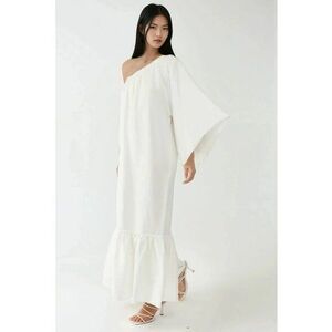 Rochie maxi - guler asimetric - umeri goi - alb - textil imagine