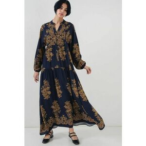 Rochie maxi dama HiCCUP - viscoza - decolteu in V - cu nasturi - bleumarin/galben imagine