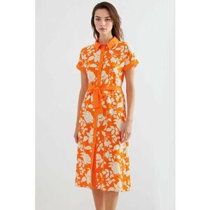 Rochie midi dama HiCCUP - imprimeu floral - viscoza - portocaliu/crem imagine