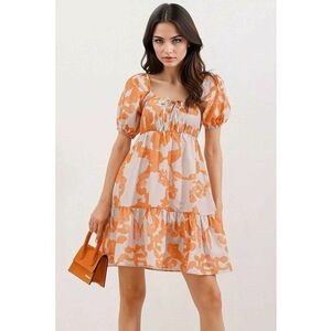 Rochie mini dama HiCCUP - decolteu patrat - forma de A - bumbac/poliester - alb/portocaliu imagine