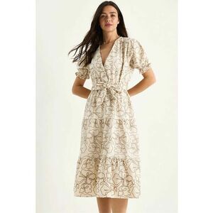 Rochie midi - HiCCUP - decolteu in V - broderie - bej - bumbac imagine