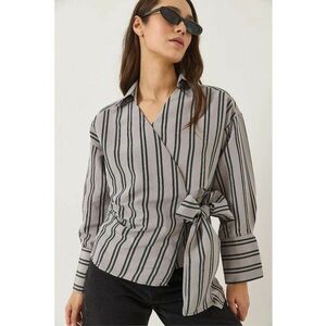 Camasa din poplin - cu dungi si funda - gri - textil imagine