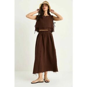 Compleu dama tunica texturata din bumbac si pantaloni cu croi larg - maro - textil imagine