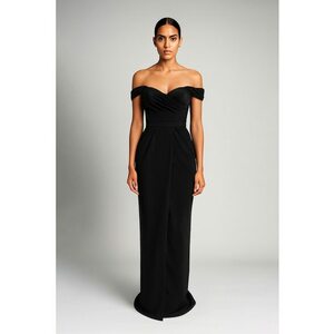 Rochie maxi drapata cu decolteu pe umeri - Negru imagine