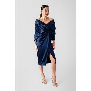 Rochie midi drapata cu decolteu in V - Albastru inchis imagine