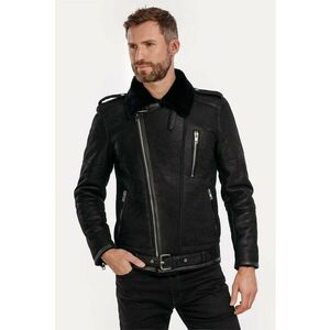 Jacheta biker din piele cu captuseala din blana - Negru imagine