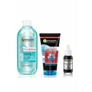 Set Apa micelara Skin Naturals Pure Active - 400 ml + Gel de curatare Garnier Pure Active Charcoal 3 in 1 + Serum anti-imperfectiuni cu niacinamide - AHA + BHA Garnier Pure Active - 30 ml imagine