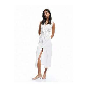 Rochie din lyocell cu fenta cu nasturi - Alb imagine