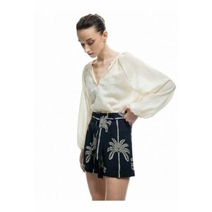 Pantaloni scurti cu model - talie inalta si cordon - Negru imagine