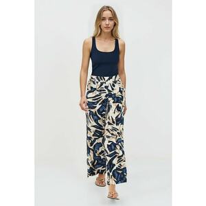 Pantaloni cu talie inalta si model grafic - Alb murdar/Bleumarin imagine