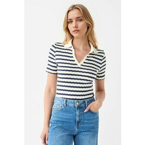 Bluza polo din tricot - Alb fildes/Bleumarin imagine