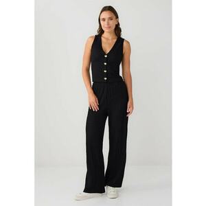 Pantaloni texturati cu croiala ampla - Negru imagine