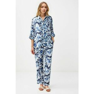 Pantaloni lejeri cu talie inalta si imprimeu - Alb/Bleumarin imagine