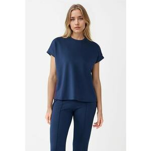 Tricou din amestec de modal cu detalii cu benzi - Bleumarin imagine