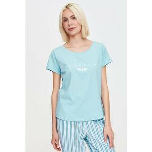 Tricou cu decolteu rotund si model text - Albastru pastel imagine
