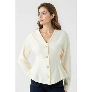 Cardigan cambrat cu decolteu in V - Crem imagine