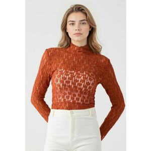 Bluza elastica din dantela cu croiala slim-fit - Portocaliu stins imagine