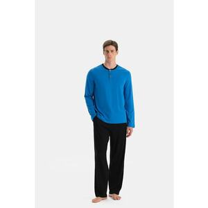 Pijama lunga din bumbac - Negru/Albastru royal imagine